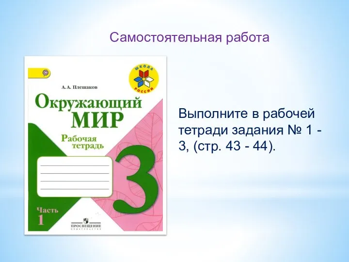 Самостоятельная работа Выполните в рабочей тетради задания № 1 - 3, (стр. 43 - 44).