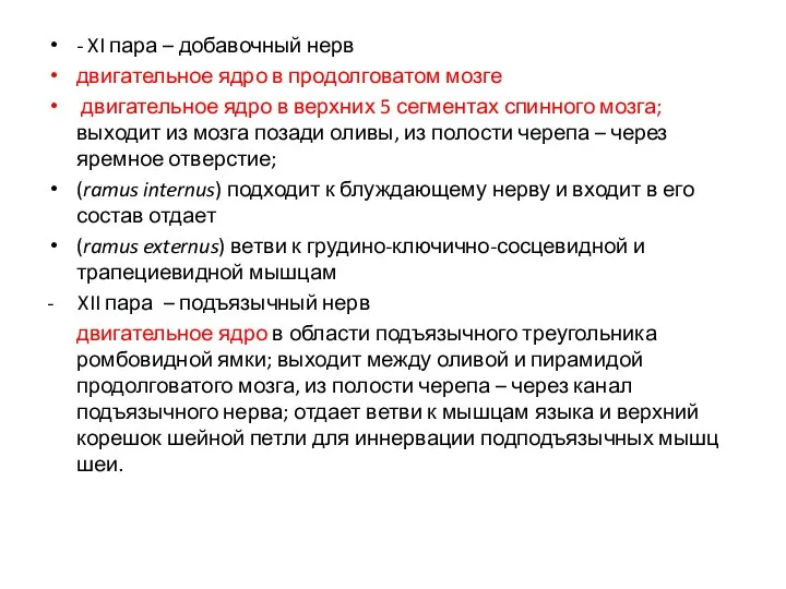 - XI пара – добавочный нерв двигательное ядро в продолговатом мозге двигательное