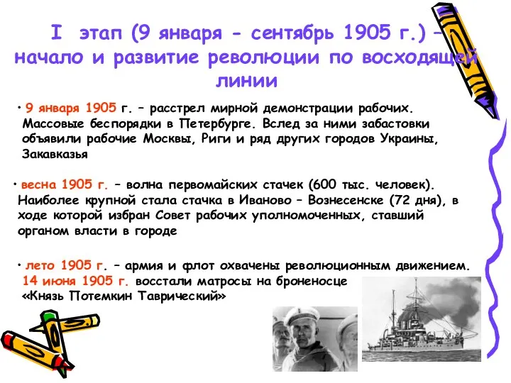 I этап (9 января - сентябрь 1905 г.) – начало и развитие