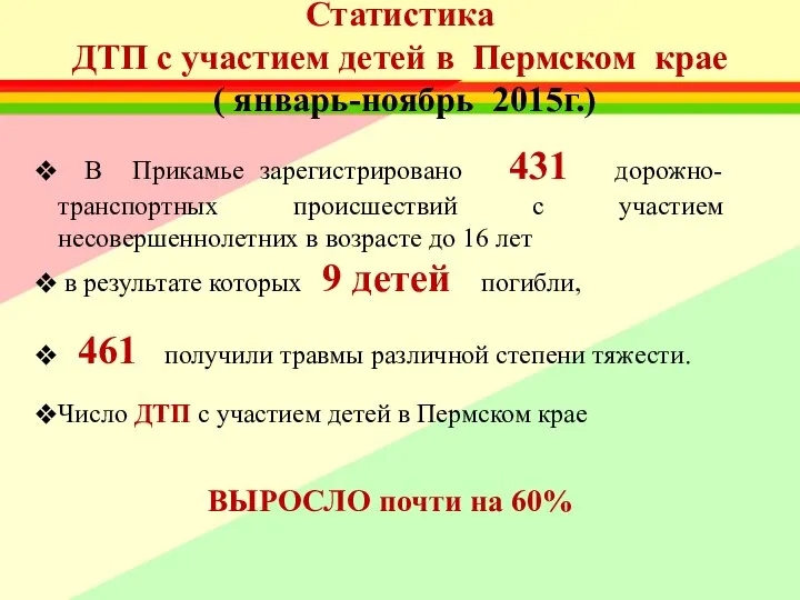 Статистика ДТП с участием детей в Пермском крае ( январь-ноябрь 2015г.) В