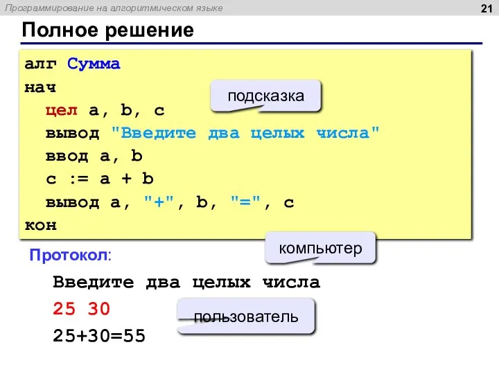 Полное решение алг Сумма нач цел a, b, c вывод "Введите два