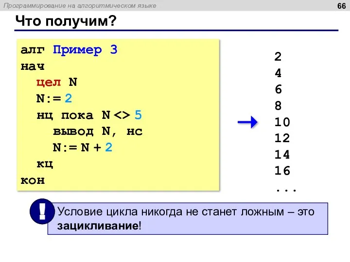 Что получим? алг Пример 3 нач цел N N:= 2 нц пока