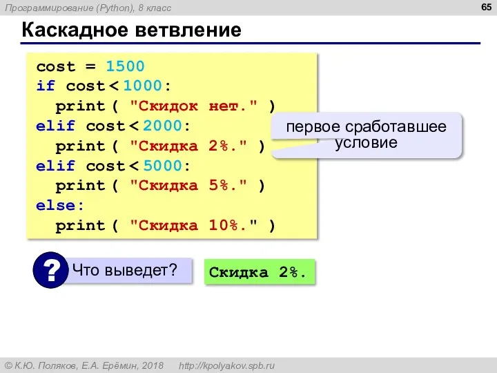 Каскадное ветвление cost = 1500 if cost print ( "Скидок нет." )