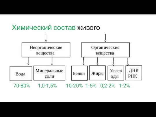 Химический состав живого 70-80% 1,0-1,5% 10-20% 1-5% 0,2-2% 1-2%