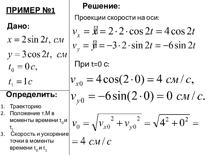 Дано: Определить: Решение: ПРИМЕР №1 Проекции скорости на оси: При t=0 с: