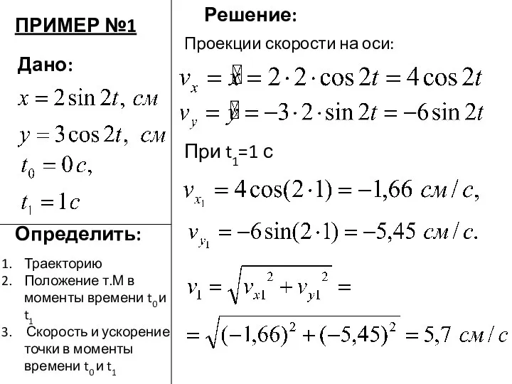 Дано: Определить: Решение: ПРИМЕР №1 Проекции скорости на оси: При t1=1 с