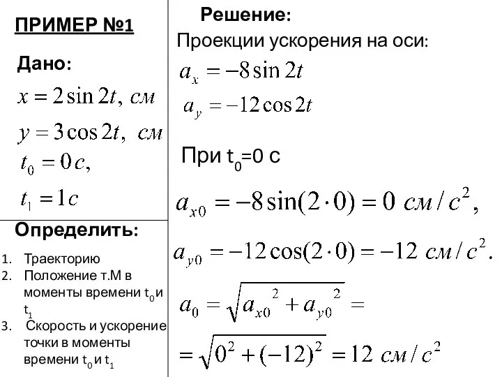 Дано: Определить: Решение: ПРИМЕР №1 Проекции ускорения на оси: При t0=0 с