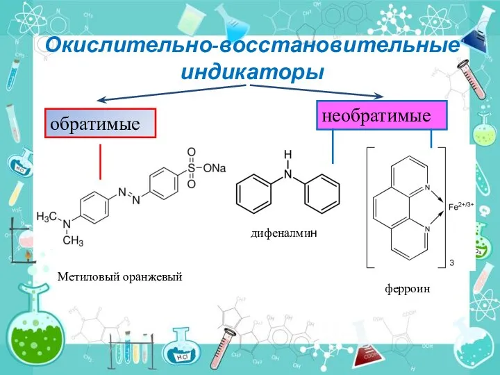 Окислительно-восстановительные индикаторы обратимые необратимые дифеналмин ферроин Метиловый оранжевый