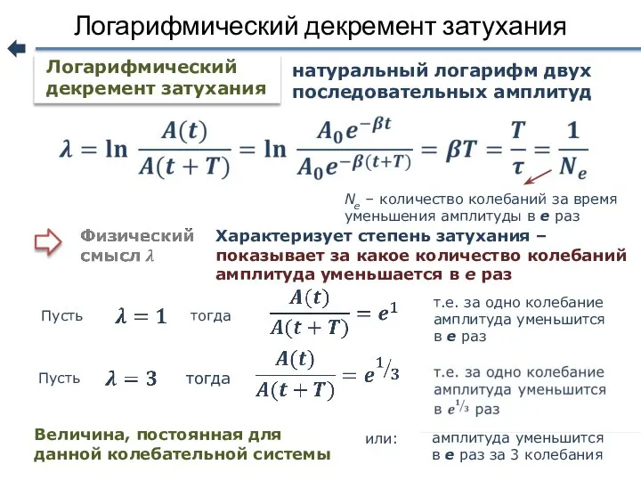 Логарифмический декремент затухания натуральный логарифм двух последовательных амплитуд Характеризует степень затухания –