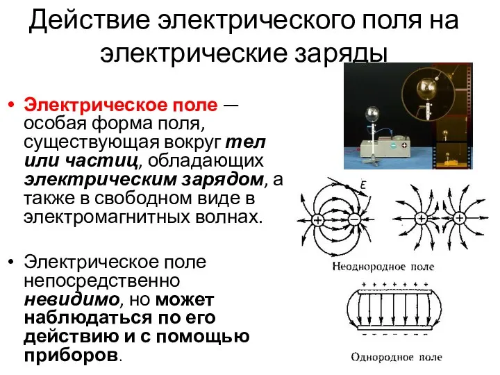 Действие электрического поля на электрические заряды Электрическое поле — особая форма поля,