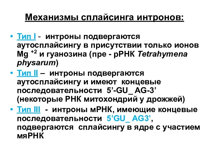 Механизмы сплайсинга интронов: Тип I - интроны подвергаются аутосплайсингу в присутствии только