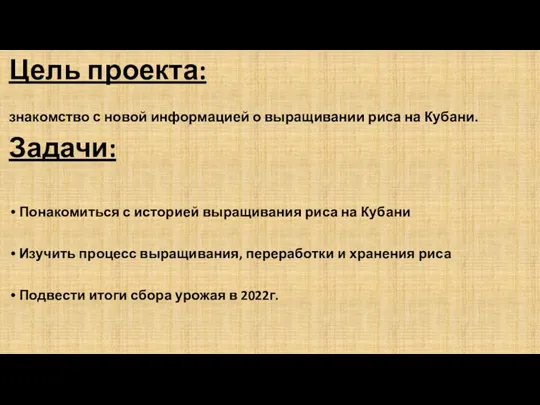 Цель проекта: знакомство с новой информацией о выращивании риса на Кубани. Задачи: