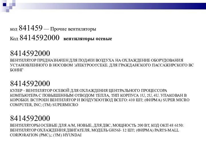 код 841459 — Прочие вентиляторы Код 8414592000 вентиляторы осевые 8414592000 ВЕНТИЛЯТОР ПРЕДНАЗНАЧЕН