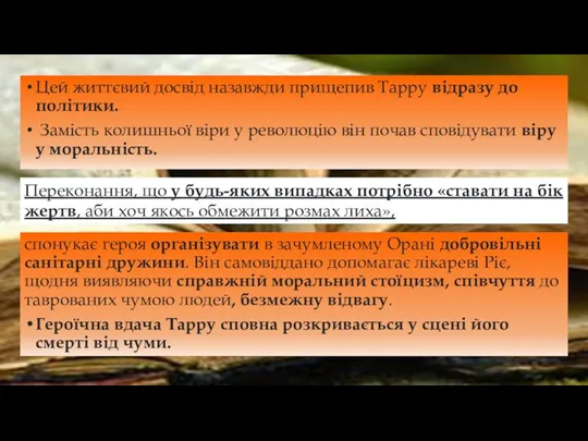 Цей життєвий досвід назавжди прищепив Тарру відразу до політики. Замість колишньої віри