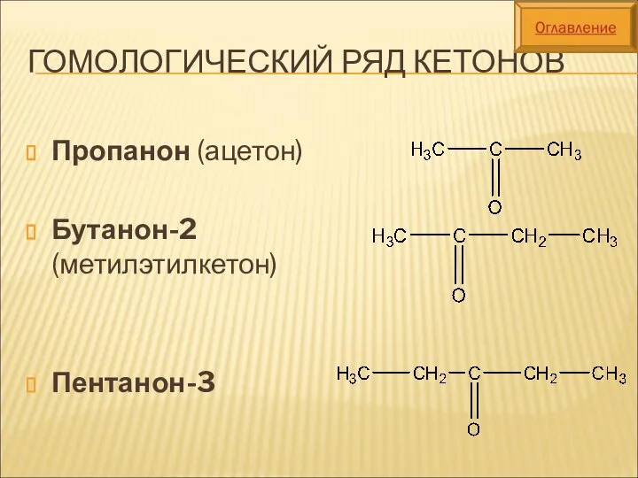 ГОМОЛОГИЧЕСКИЙ РЯД КЕТОНОВ Пропанон (ацетон) Бутанон-2 (метилэтилкетон) Пентанон-3