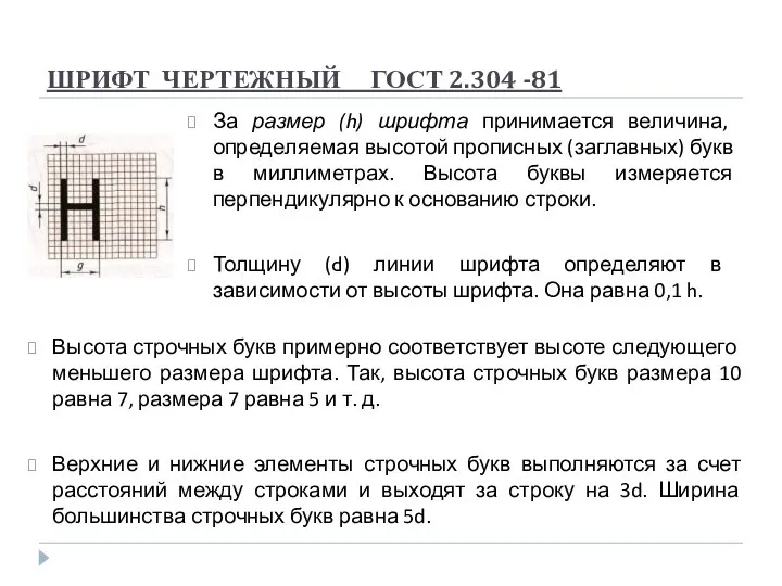 ШРИФТ ЧЕРТЕЖНЫЙ ГОСТ 2.304 -81 За размер (h) шрифта принимается величина, опреде­ляемая