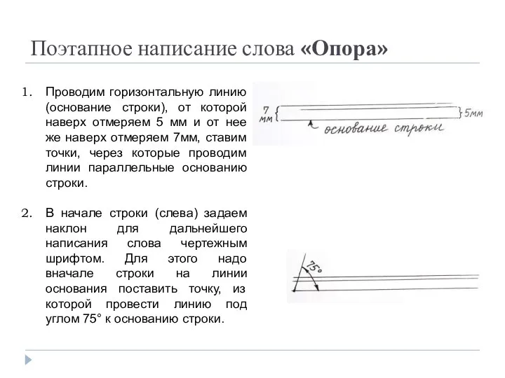 Поэтапное написание слова «Опора» Проводим горизонтальную линию (основание строки), от которой наверх