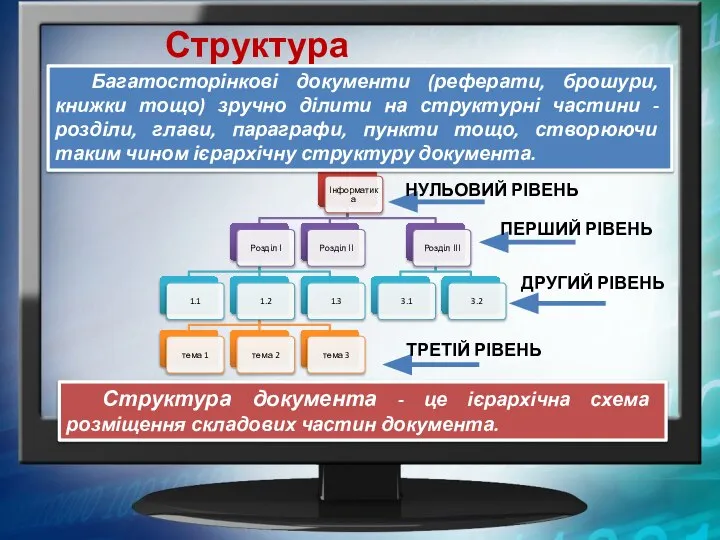 Структура документа Багатосторінкові документи (реферати, брошури, книжки тощо) зручно ділити на структурні