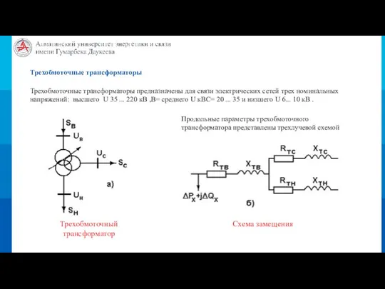 Трехобмоточные трансформаторы Трехобмоточные трансформаторы предназначены для связи электрических сетей трех номинальных напряжений: