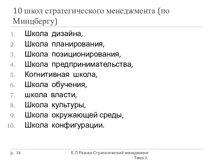 10 школ стратегического менеджмента (по Минцбергу) Школа дизайна, Школа планирования, Школа позиционирования,