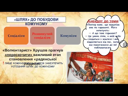 «ШЛЯХ» ДО ПОБУДОВИ КОМУНІЗМУ «Волюнтарист» Хрущов прагнув «перескочити» важливий етап становлення «радянської