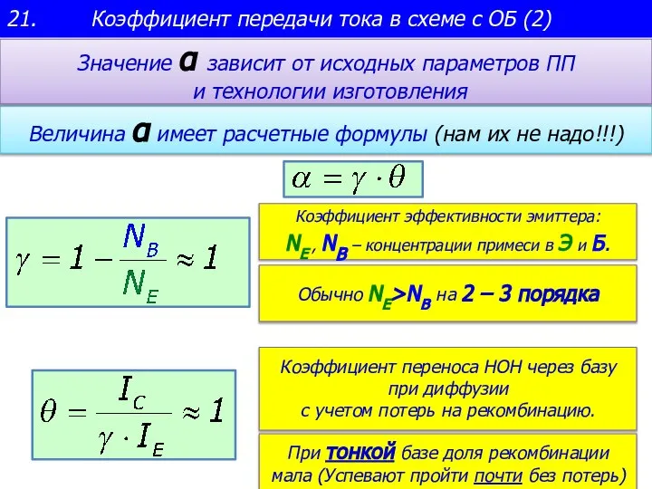 21. Коэффициент передачи тока в схеме с ОБ (2) Величина α имеет