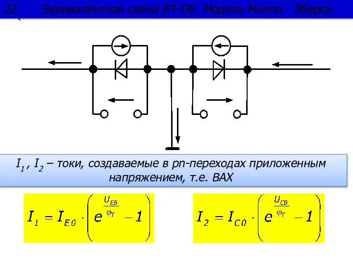 I1 , I2 – токи, создаваемые в pn-переходах приложенным напряжением, т.е. ВАХ