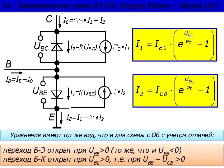 43. Эквивалентная схема БТ-ОЭ. Модель Молла – Эберса (01) Уравнения имеют тот