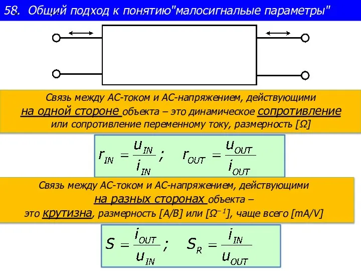 58. Общий подход к понятию"малосигнальые параметры" Связь между АС-током и АС-напряжением, действующими