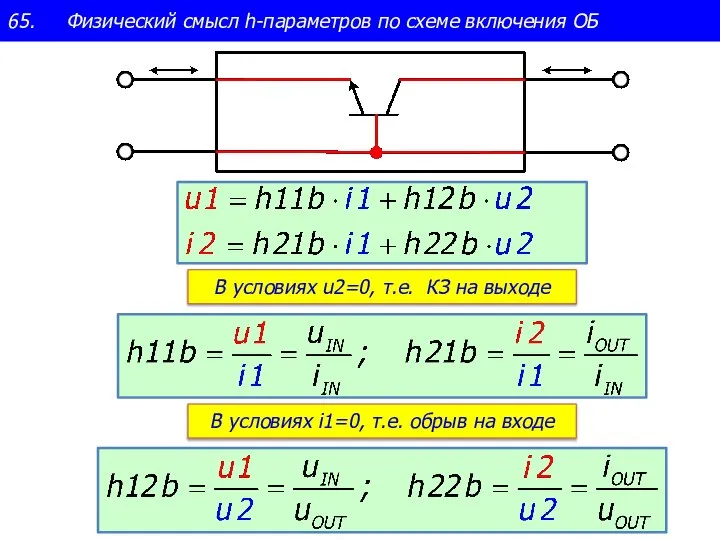 65. Физический смысл h-параметров по схеме включения ОБ В условиях u2=0, т.е.