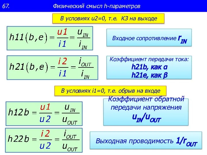 67. Физический смысл h-параметров В условиях u2=0, т.е. КЗ на выходе В