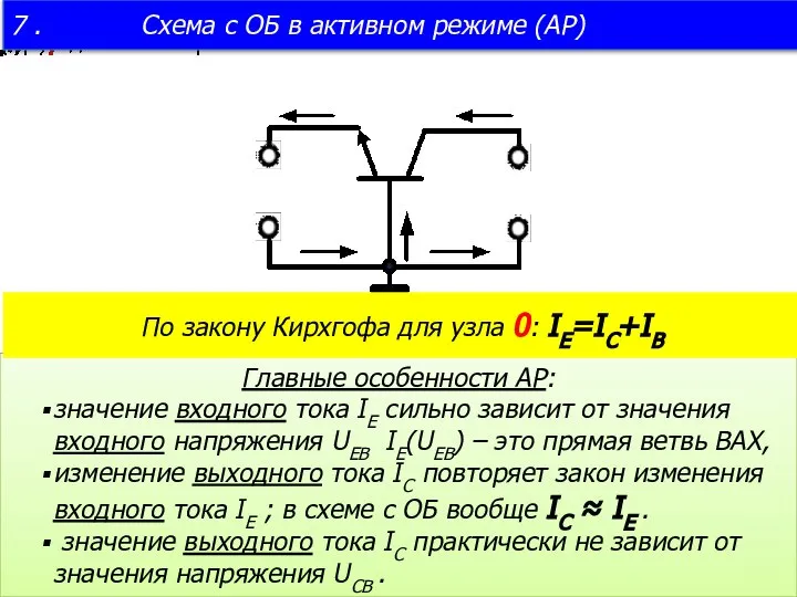 7 . Схема с ОБ в активном режиме (АР) Главные особенности АР: