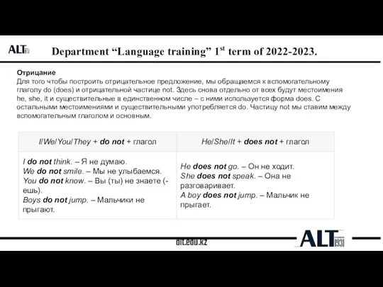 alt.edu.kz Department “Language training” 1st term of 2022-2023. Отрицание Для того чтобы