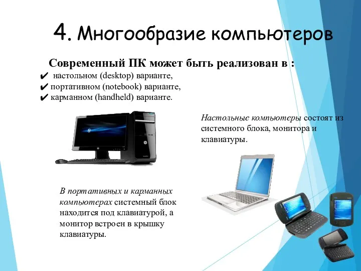 4. Многообразие компьютеров Современный ПК может быть реализован в : настольном (desktop)