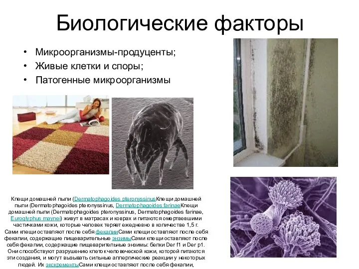 Биологические факторы Микроорганизмы-продуценты; Живые клетки и споры; Патогенные микроорганизмы Клещи домашней пыли