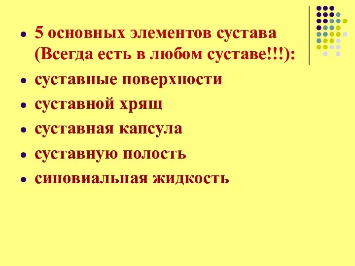 5 основных элементов сустава (Всегда есть в любом суставе!!!): суставные поверхности суставной