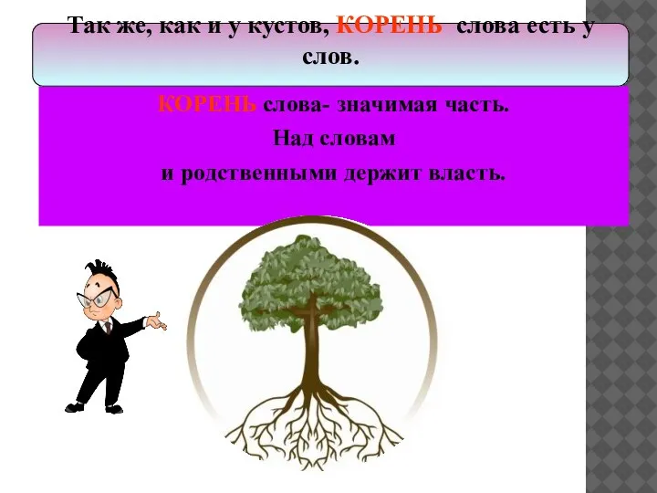 КОРЕНЬ слова- значимая часть. Над словам и родственными держит власть. Так же,