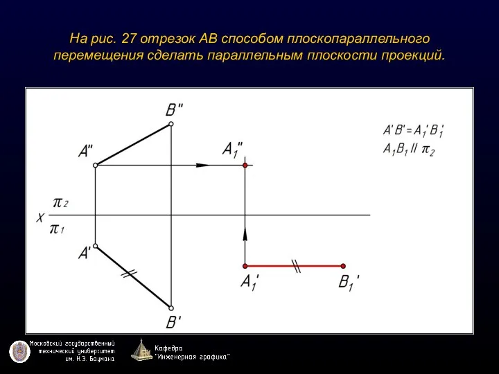 На рис. 27 отрезок АВ способом плоскопараллельного перемещения сделать параллельным плоскости проекций.