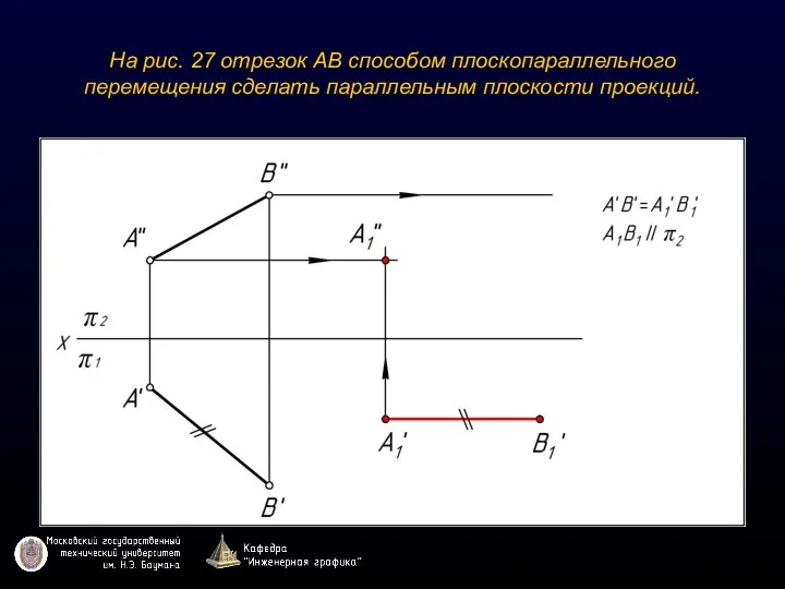 На рис. 27 отрезок АВ способом плоскопараллельного перемещения сделать параллельным плоскости проекций.