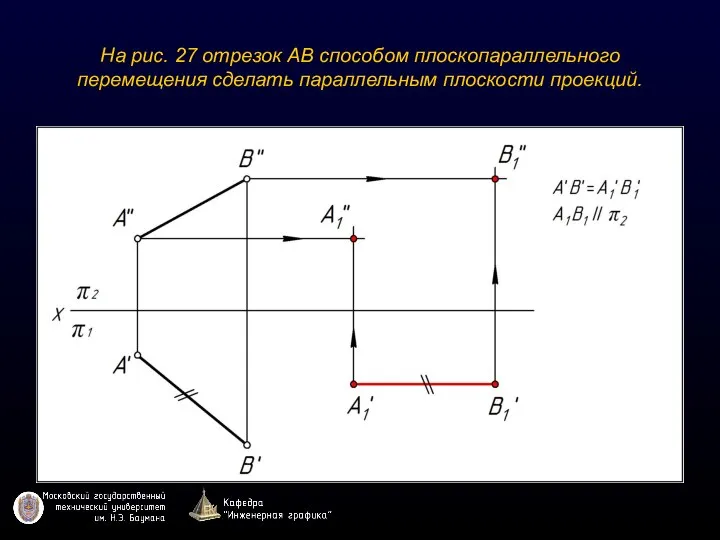 На рис. 27 отрезок АВ способом плоскопараллельного перемещения сделать параллельным плоскости проекций.