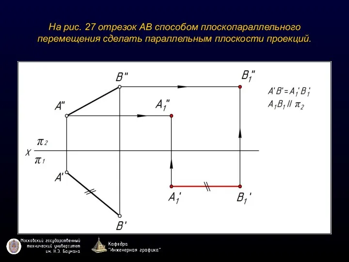 На рис. 27 отрезок АВ способом плоскопараллельного перемещения сделать параллельным плоскости проекций.