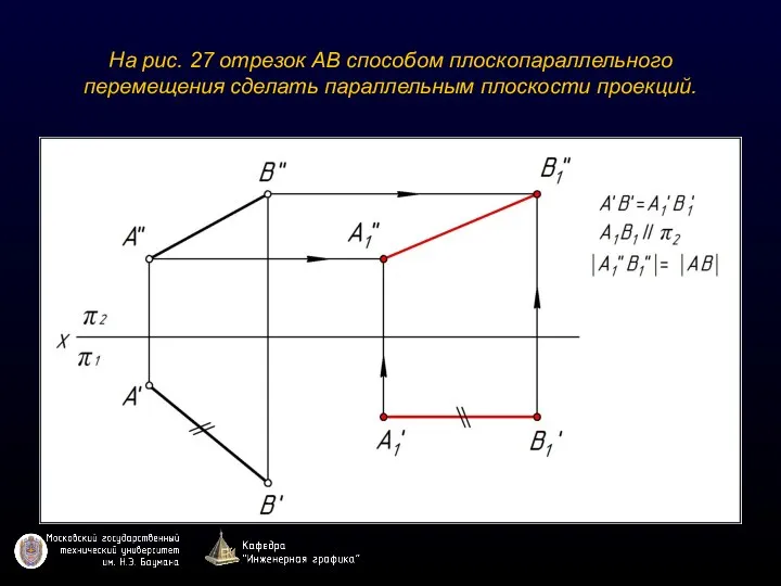 На рис. 27 отрезок АВ способом плоскопараллельного перемещения сделать параллельным плоскости проекций.