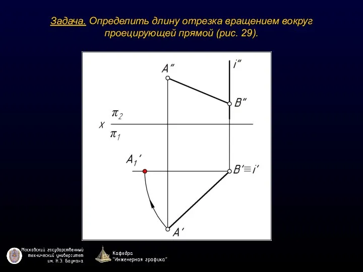 Задача. Определить длину отрезка вращением вокруг проецирующей прямой (рис. 29).