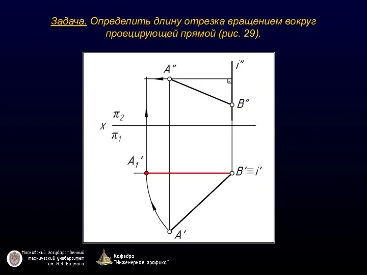 Задача. Определить длину отрезка вращением вокруг проецирующей прямой (рис. 29).