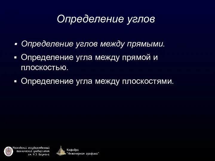 Определение углов Определение углов между прямыми. Определение угла между прямой и плоскостью. Определение угла между плоскостями.