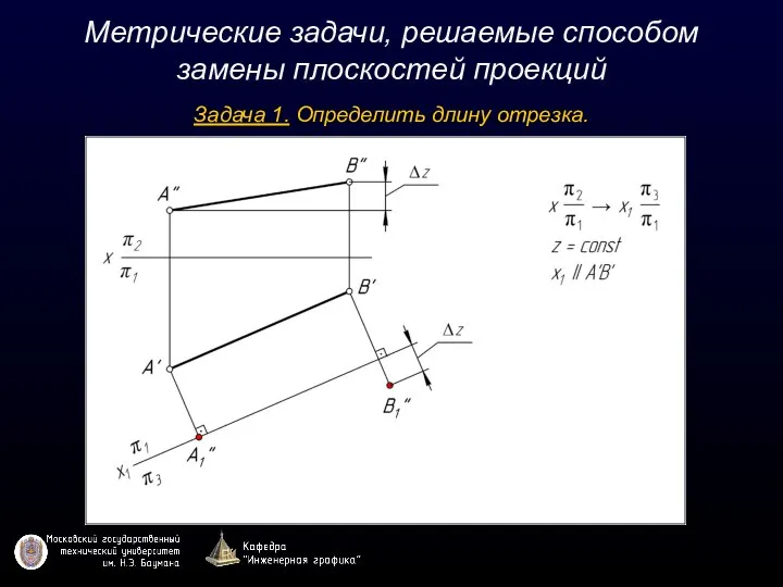 Метрические задачи, решаемые способом замены плоскостей проекций Задача 1. Определить длину отрезка.