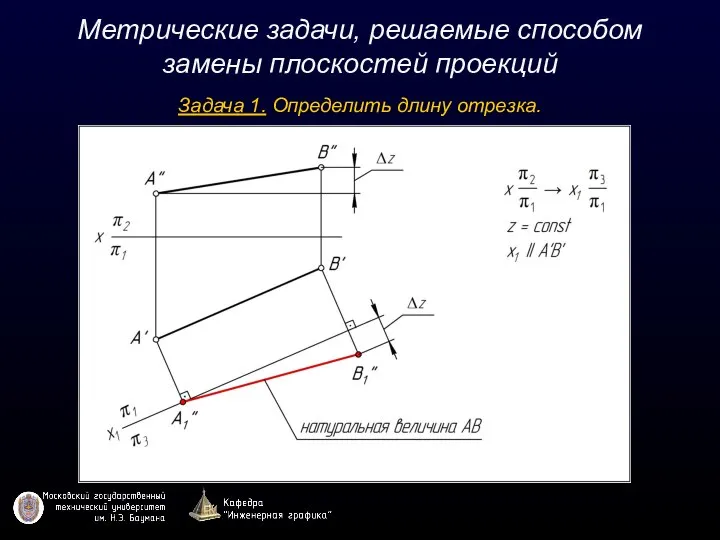 Метрические задачи, решаемые способом замены плоскостей проекций Задача 1. Определить длину отрезка.