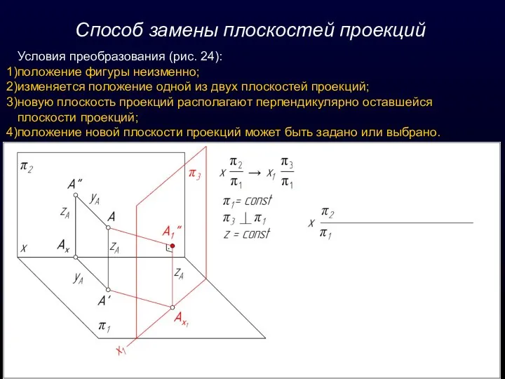 Способ замены плоскостей проекций Условия преобразования (рис. 24): положение фигуры неизменно; изменяется