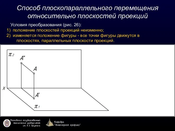 Способ плоскопараллельного перемещения относительно плоскостей проекций Условия преобразования (рис. 26): положение плоскостей