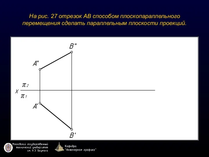 На рис. 27 отрезок АВ способом плоскопараллельного перемещения сделать параллельным плоскости проекций.